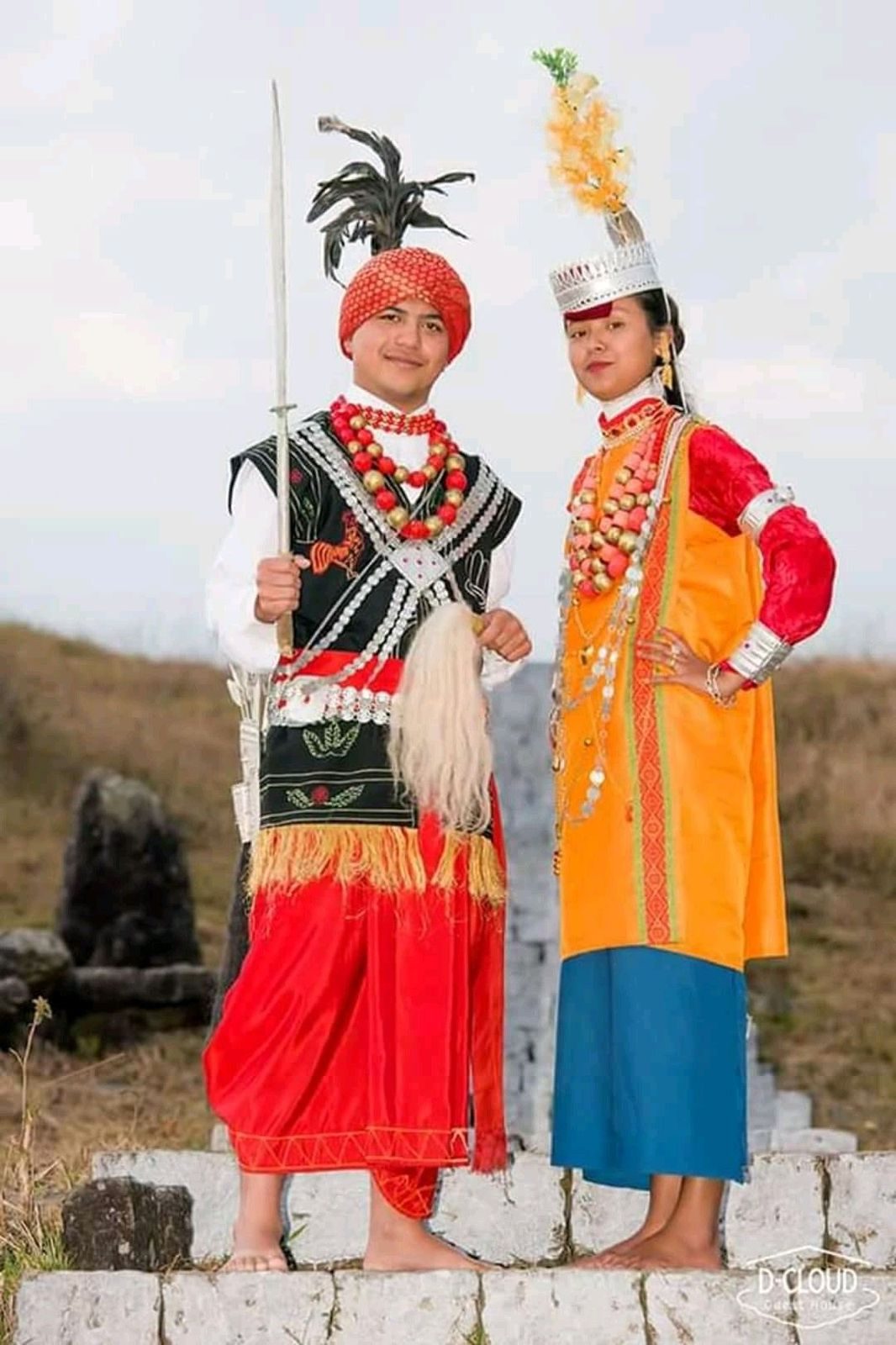 Northeast Indian couple in traditional tribal ceremonial attire